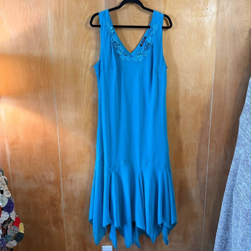 Roamans Blue Lace Sequin V-Neck Handkerchief Hem Midi Dress Plus Size 18W